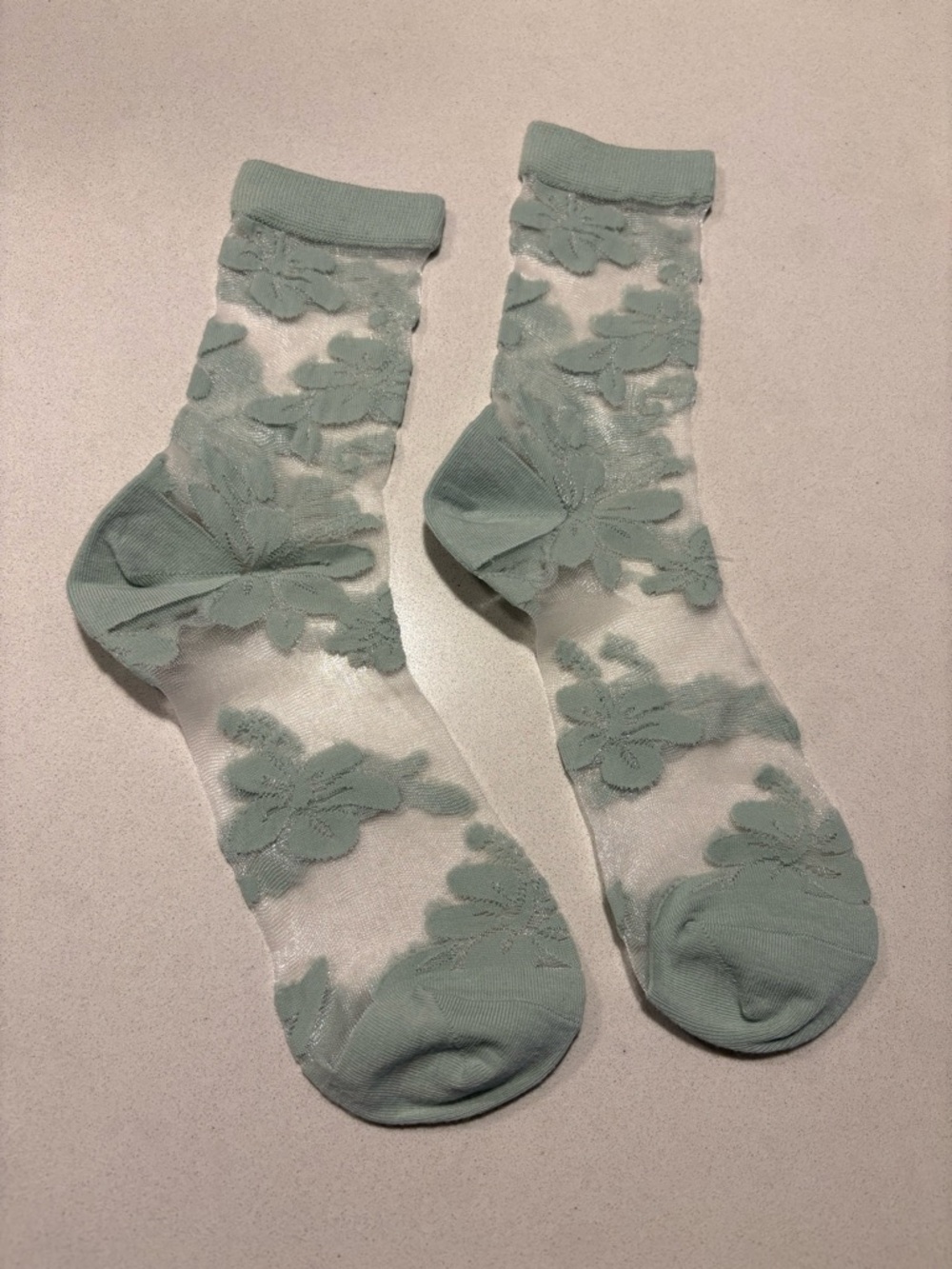 Sheer Floral Crew Socks in Mint Green